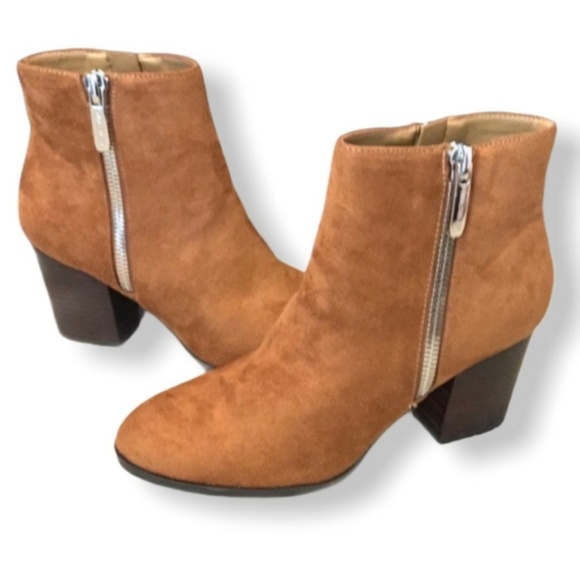 NINE WEST Neva2 Boots Block Heels Faux Suede Size Zipper Medium Brown 10M - Picture 3 of 6